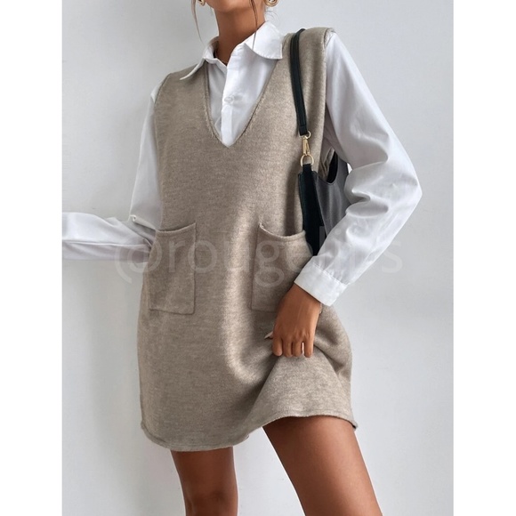 Knit Oversized Mini Vest Dress Khaki V-Neck with Pockets - Picture 2 of 9